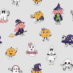 Halloween groovy pattern, funny vintage pumpkin mascots, cute little witch character, seamless pattern