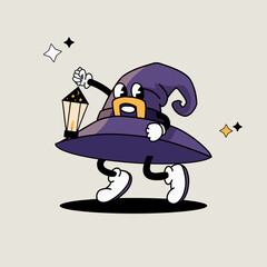 Funny halloween hat character with flashlight in vintage style, spooky hat mascot with lamp