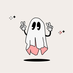 Groovy white sheet ghost, peace sign hand, vintage halloween ghost character, cute halloween 