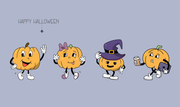 halloween card with pumpkins, Funny pumpkin mascots, pumpkins groovy characters, cute Halloween set, funny vegetables in retro style