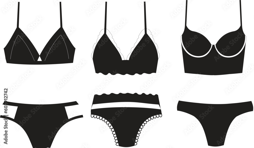 Sticker black silhouette of women lingerie bra and underwear