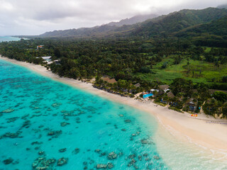 Aerial view looking down on Little Polynesian resort in The Cook Islands, Rarotonga