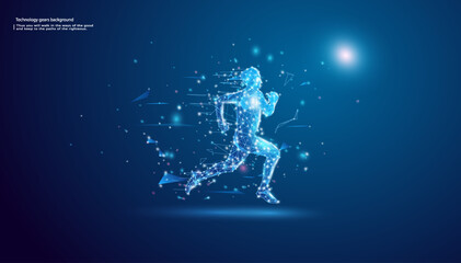 Abstract running man form lines and triangles, point connecting network on blue background.