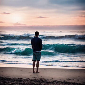Generative AI, A man standing on the beach watching the waves at sunset