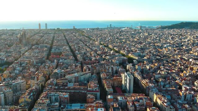 Aerial view of typical buildings of Barcelona cityscape. Eixample residential famous urban grid. Catalonia, Spain