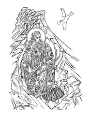 Prophet saint Elijah and raven bringing food. Miracle of the ravens. Coloring page on white background