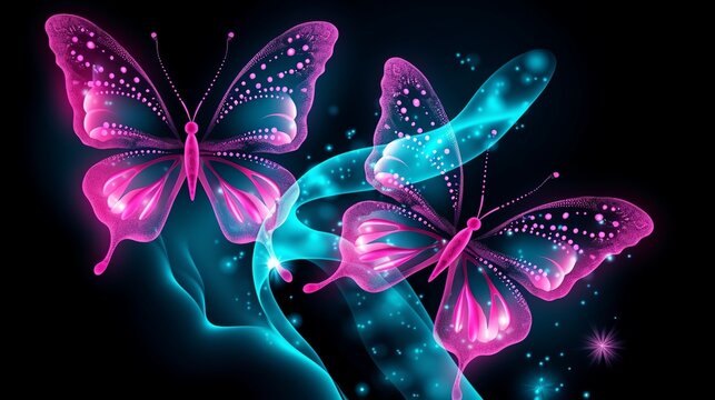 Butterflies in modern style on light background. Abstract futuristic background. Modern abstract design template. Abstract geometric pattern. Digital futuristic wallpaper. Neon style.