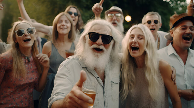 Generative ai illustration of singing senior people at the party outdoors during summer days