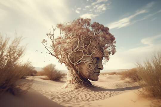 Concept art of environment, life, brain, mental health. The forest of human head in desert. Generative Ai technology.