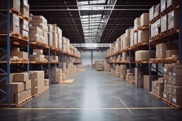 Warehouse full of cardboard boxes created using generative AI tools