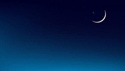 Eid al Adha Mubarak card,Crescent Moon on Blue Twilight Sky in Evening,Horizon Sunset after sundown,Dusk sky with copy space,Vector banner Symbol Islamic Religion for Eid al fitr, Ramadan Kareem