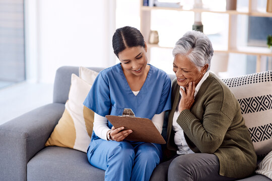 Nurse, clipboard and senior woman with insurance for home and support with a smile on a couch. Nursing professional, documents and elderly person with caregiver for medical help for retirement.