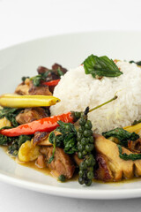 Pad Krapow Gai spicy Thai Chicken Vegetable Stir Fry on white plate