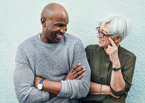 Elderly, Business And Friends On Wall In The Outdoor Have Conversation About Work. Creative, Team And Working Together With White Background And Talking With Smile About People And Startup Career