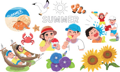 	夏休みを満喫する男の子女の子（子供）のイラストセット
