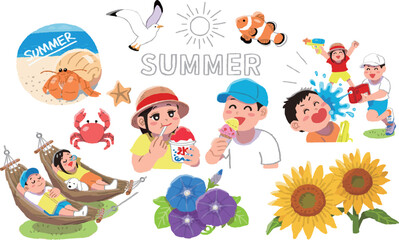 Fototapeta premium 夏休みを満喫する男の子女の子（子供）のイラストセット