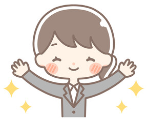 バンザイをして喜ぶスーツの女性