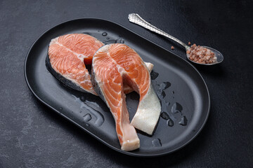 salmon fillets on a black plate 