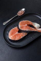 salmon fillets on a black plate 