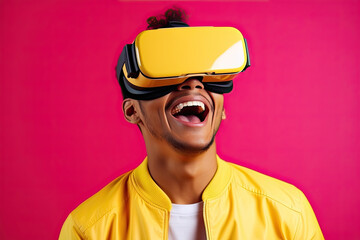 Man enjoying Metaverse experience with VR headset,  Virtual reality augmented reality, Generative AI