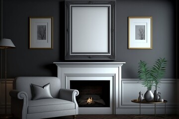 Obraz na płótnie Canvas Minimalist Living Room with Blank Photo Frame, Sofa, and Fireplace. AI