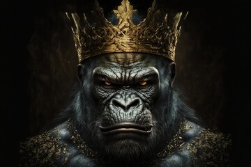 Regal Gorilla King Wearing a Gold Crown. AI