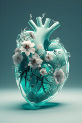 3d anatomical human heart with venous system. Transplant concept. Crystal cyan cardiac organ. Symbol of love, spring flowers. Image is generated with the use of an AI. Creative graphic.