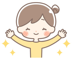 バンザイをして喜ぶお団子の女性