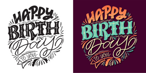 Fototapeta premium Happy birthday label. Cute hand drawn doodle lettering postcard. Lettering for t-shirt design, mug print, invitation.