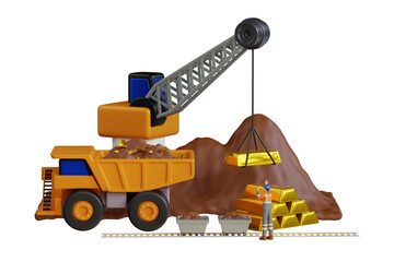 Work of truck and the excavator in an open pit on gold mining. Work of heavy equipment in an open pit for gold ore mining. 3D Illustration © novia99design