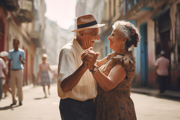 Elderly couple dancing in the street. AI generative - 603917511