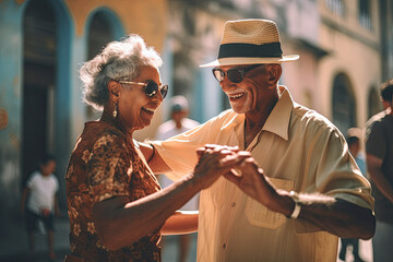 Elderly couple dancing in the street. AI generative - obrazy, fototapety, plakaty