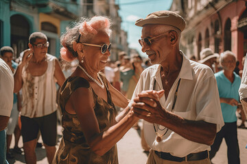 Elderly couple dancing in the street. AI generative - 603917549