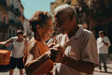 Elderly couple dancing in the street. AI generative