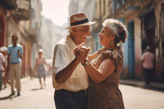 Elderly couple dancing in the street. AI generative
