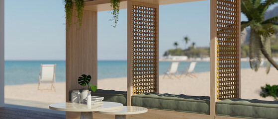 A beautiful beach lounge or beach cafe with relaxation area and beautiful beach view.