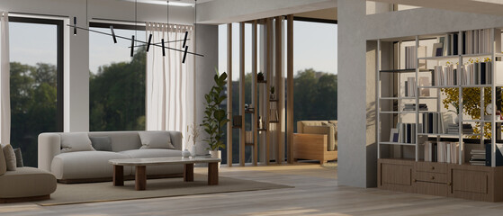 Interior design of a modern contemporary spacious living room with comfortable sofa