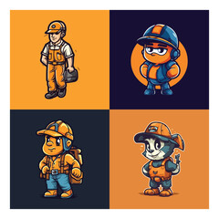 Mascot logo for a construction company with a mascot in the form of a character carrying work clothes and a helmet.