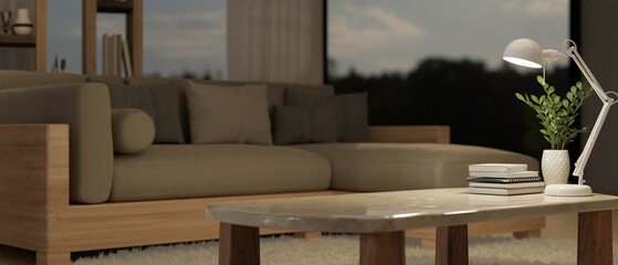 Copy space on a coffee table in modern and comfortable living room. close-up image.
