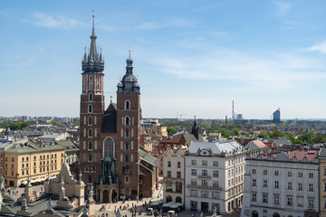 St. Mary's Basilica in Krakow, Poland. Aerial view of Main Market Square in the Old Town district...