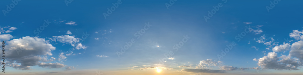 Wall mural 360 hdri panorama of sunset skydome with evening clouds in seamless spherical equirectangular format