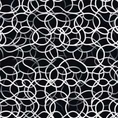 Interlocking Circles Symphony: Circular shapes intertwining with intricate linework, forming a captivating interplay of curves. Harmony, mesmerizing, fluid, dynamic. (AI Generated)