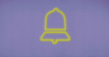 Composition of yellow neon bell icon over purple background