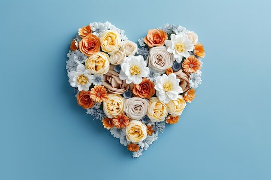 A heart made of flowers and roses resting on a sheet of white paper, shaded blue background