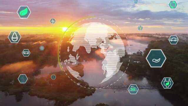 Sustainability releated icons and world map on a sunrise landscape - 3D overlay