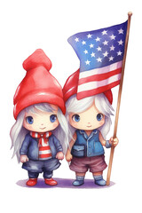 Gnome Couple holding US Flag, Watercolor Clipart created with Generative AI Tools