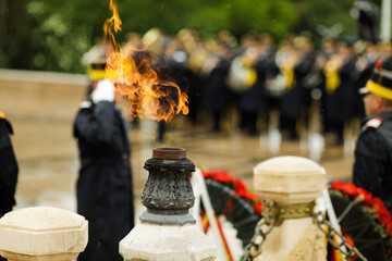The eternal flame for the army heroes during a military ceremony in Bucharest, Romania, at the Tomb...