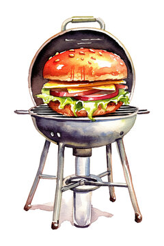 Watercolor BBQ With Huge Hamburger Clipart Created With Generative AI Tools