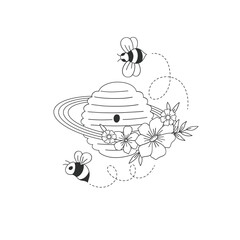 Linear floral cosmic beehive planet vector illustration. Decorative whimsical Saturn hive with bloomy rings and bees. Groovy aesthetic honeybee blooming space colouring page design