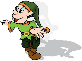 Forest Leprechaun in Green Clothes with a Long Cap with an Orange Pompom